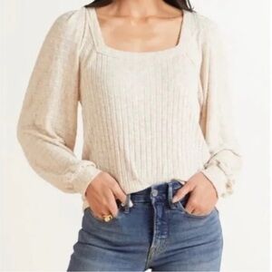 Michael Stars Evereve Heathered Oatmeal Cream Ribbed Long Sleeve Blouse